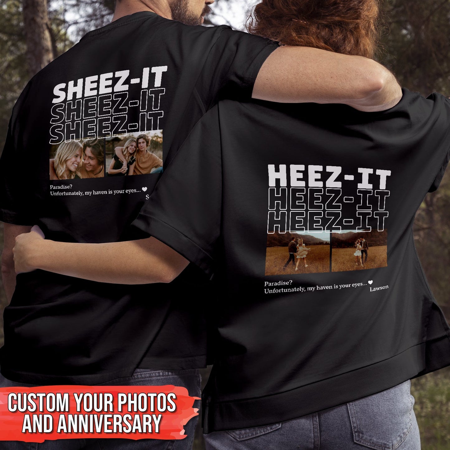 Couple wearing black custom matching shirts for couples with personalized photos and text on the back