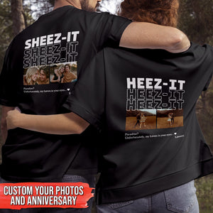 Couple wearing black custom matching shirts for couples with personalized photos and text on the back