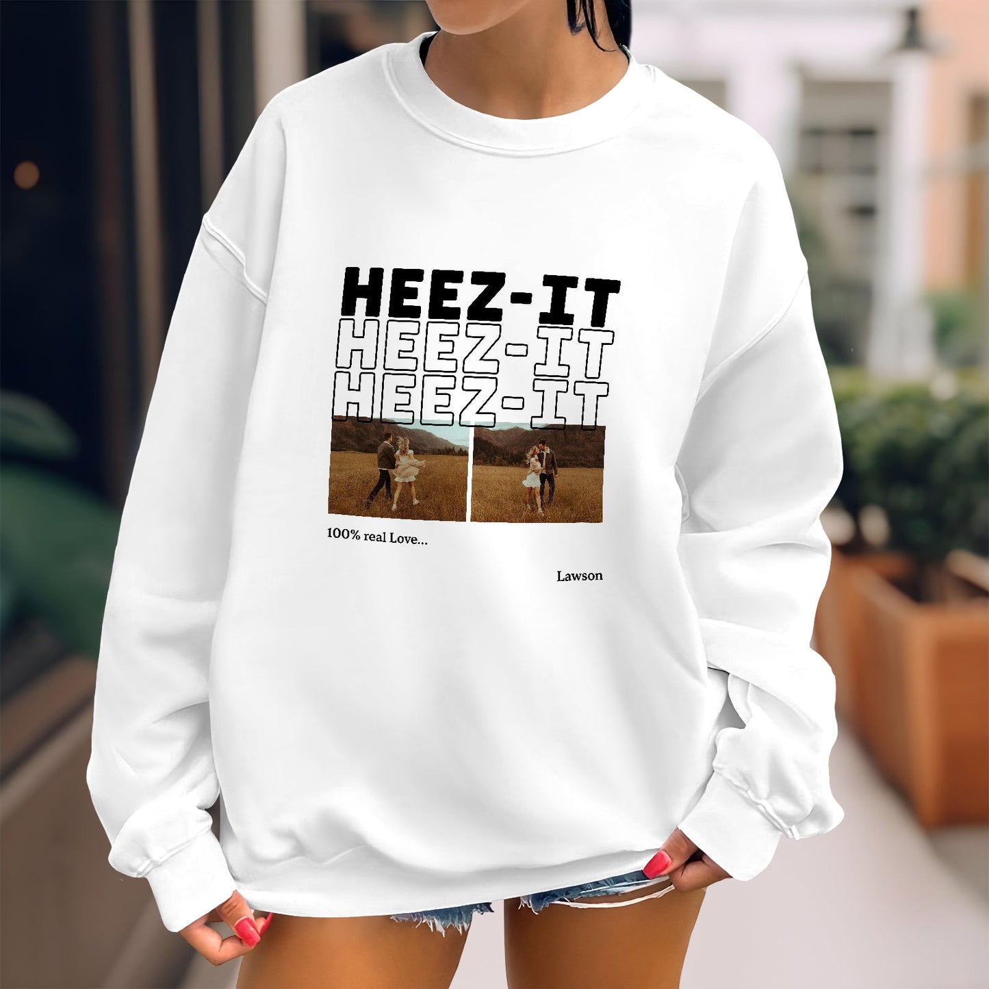 White sweatshirt featuring custom matching shirts for couples design with photos and text for 365Gifty