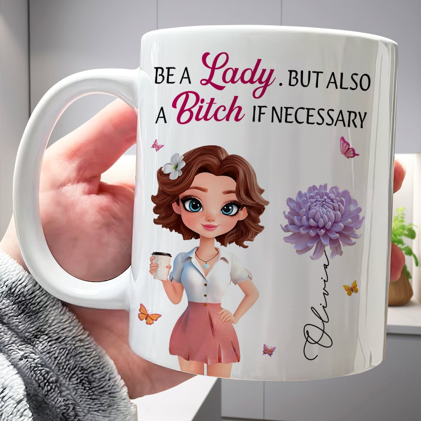 custom bestie coffee mug for women white ceramic mug held in hand with cartoon woman purple chrysanthemum and butterflies