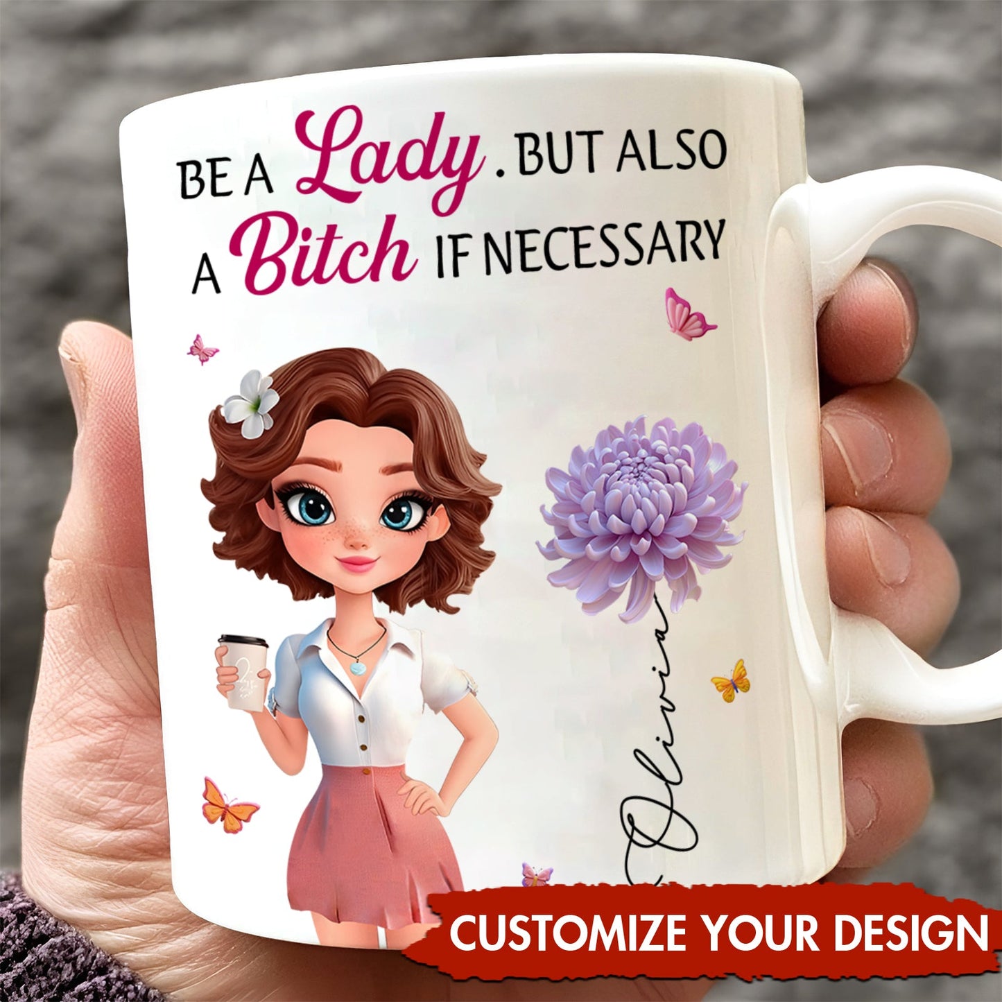 White ceramic custom bestie coffee mug for women featuring a cartoon brunette purple flower and cheeky quote