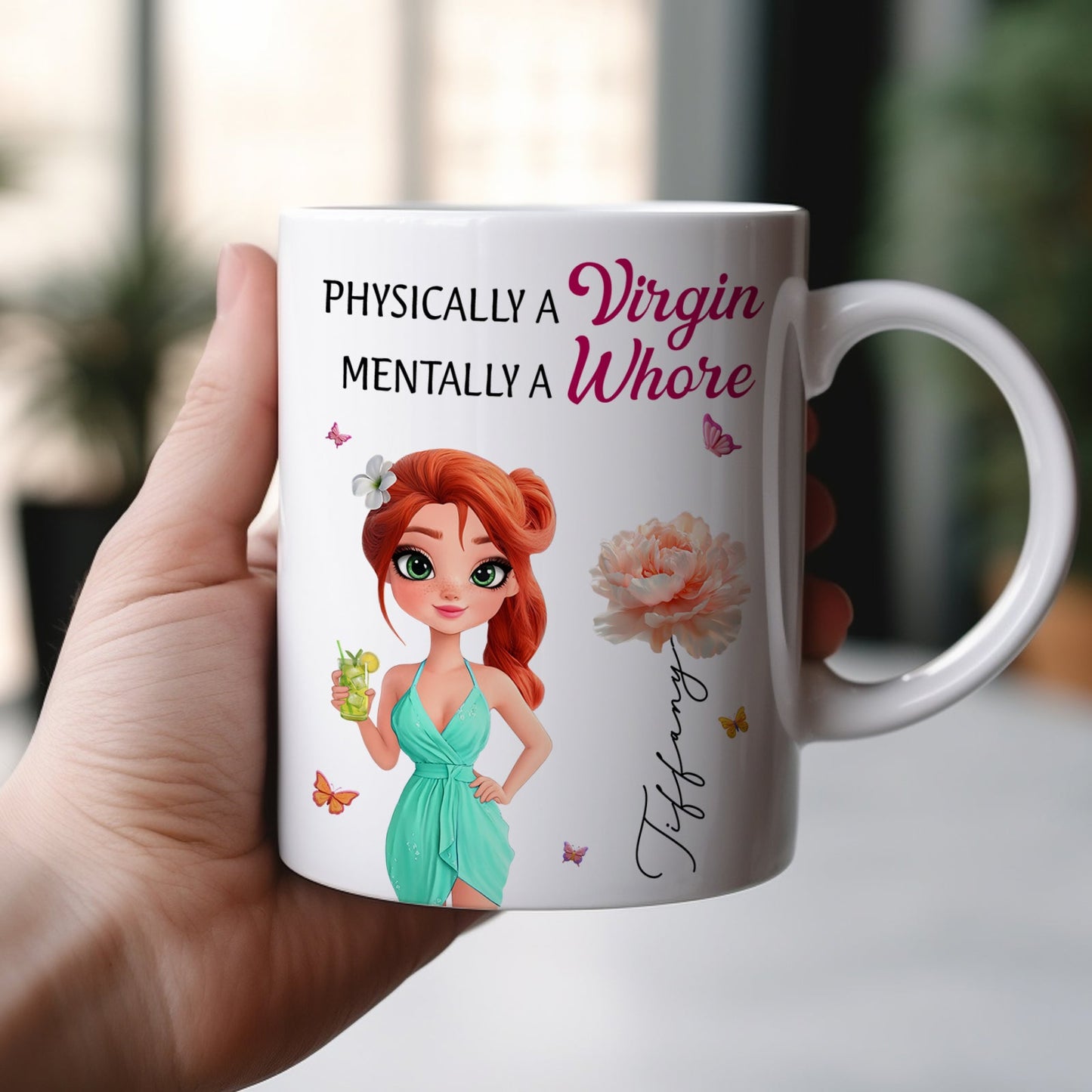 White ceramic custom bestie coffee mug for women with cartoon redhead cheeky slogan and floral name personalization