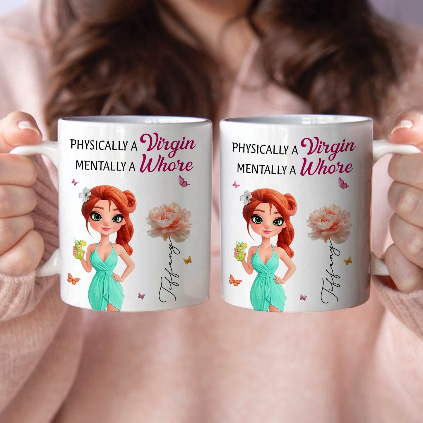 365Gifty custom bestie coffee mug for women twin white mugs with red haired cartoon woman green dress floral print
