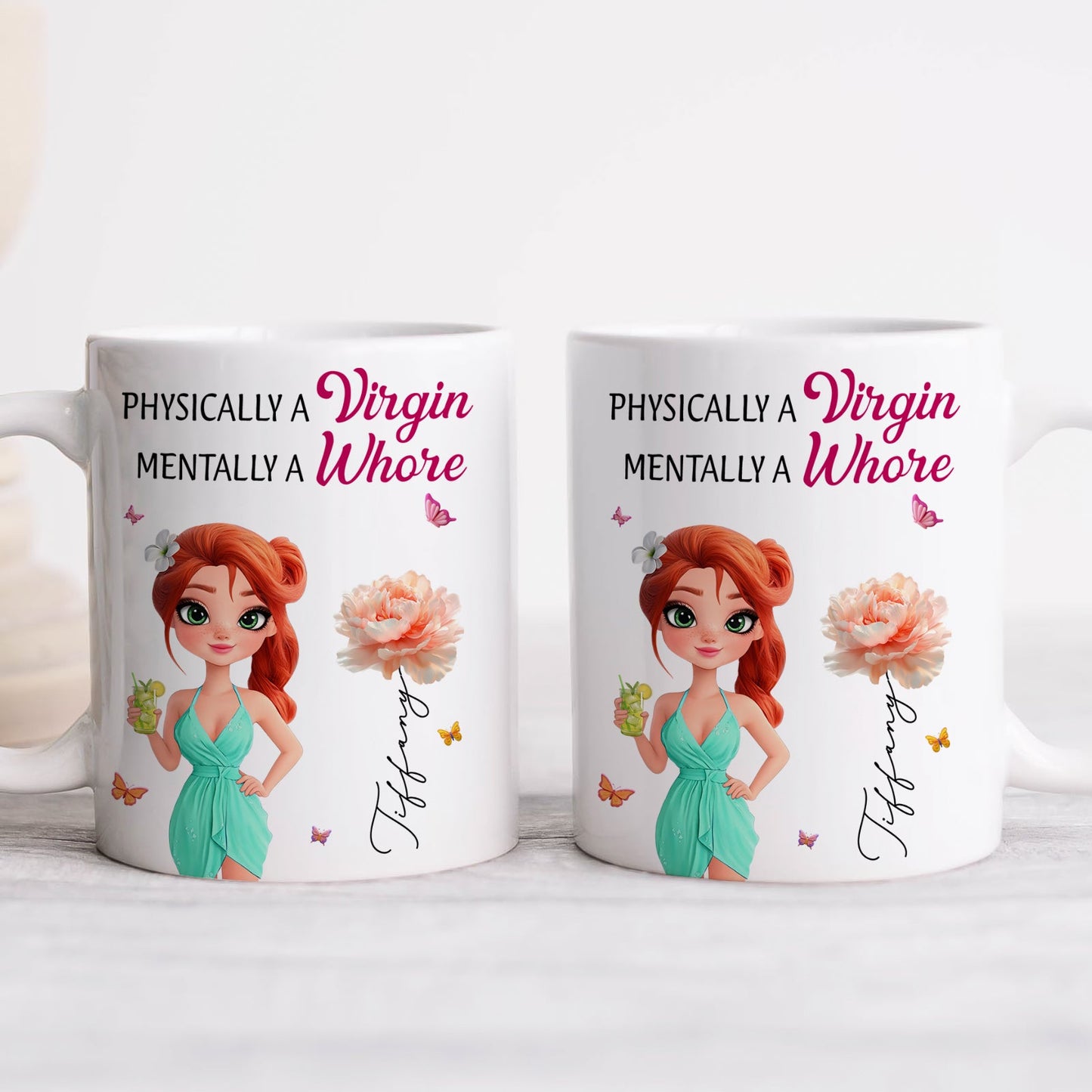custom bestie coffee mug for women featuring red haired cartoon woman floral art and quote Physically a Virgin Mentally a Whore