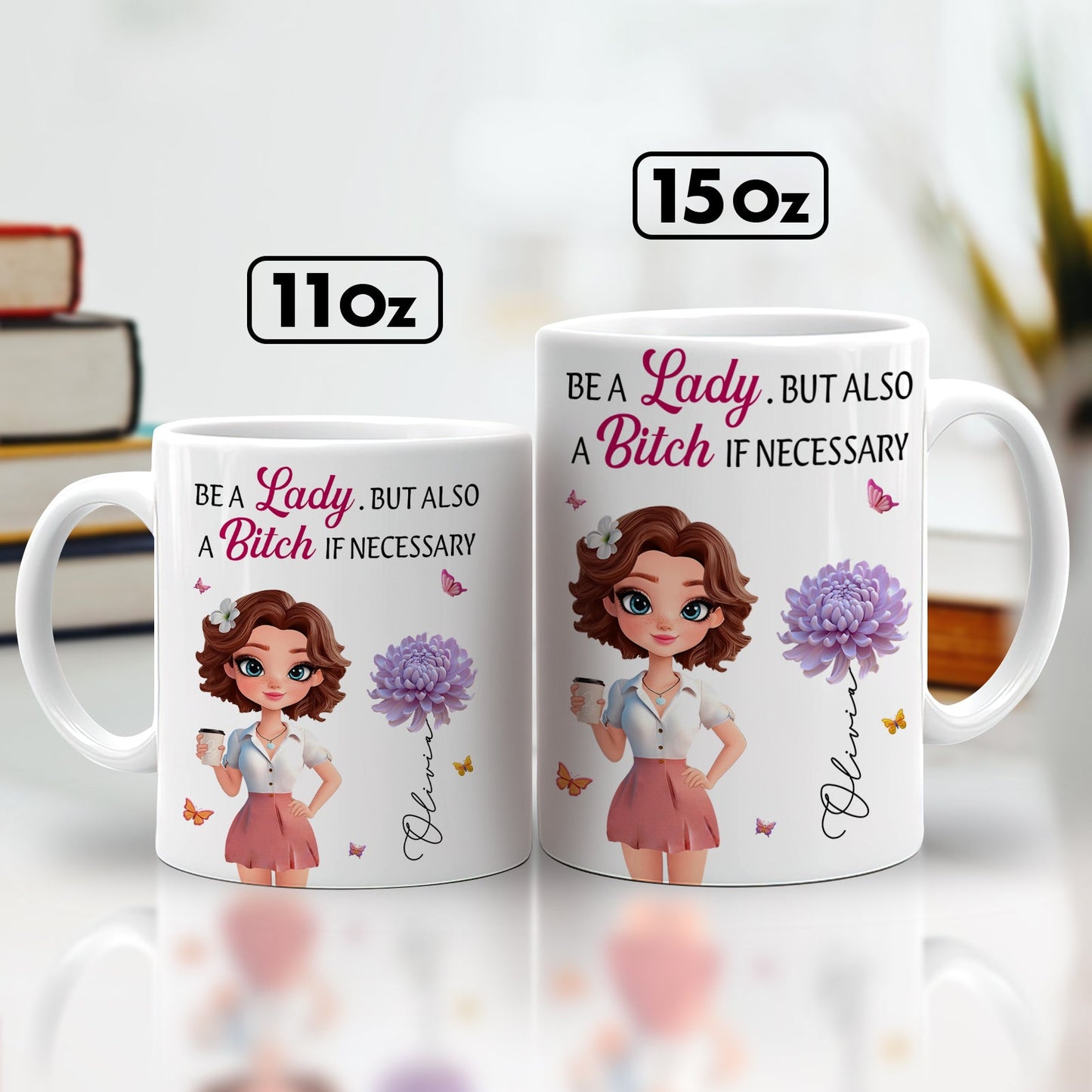 custom bestie coffee mug for women white 11oz and 15oz ceramic mugs with cartoon woman purple flower and sassy quote