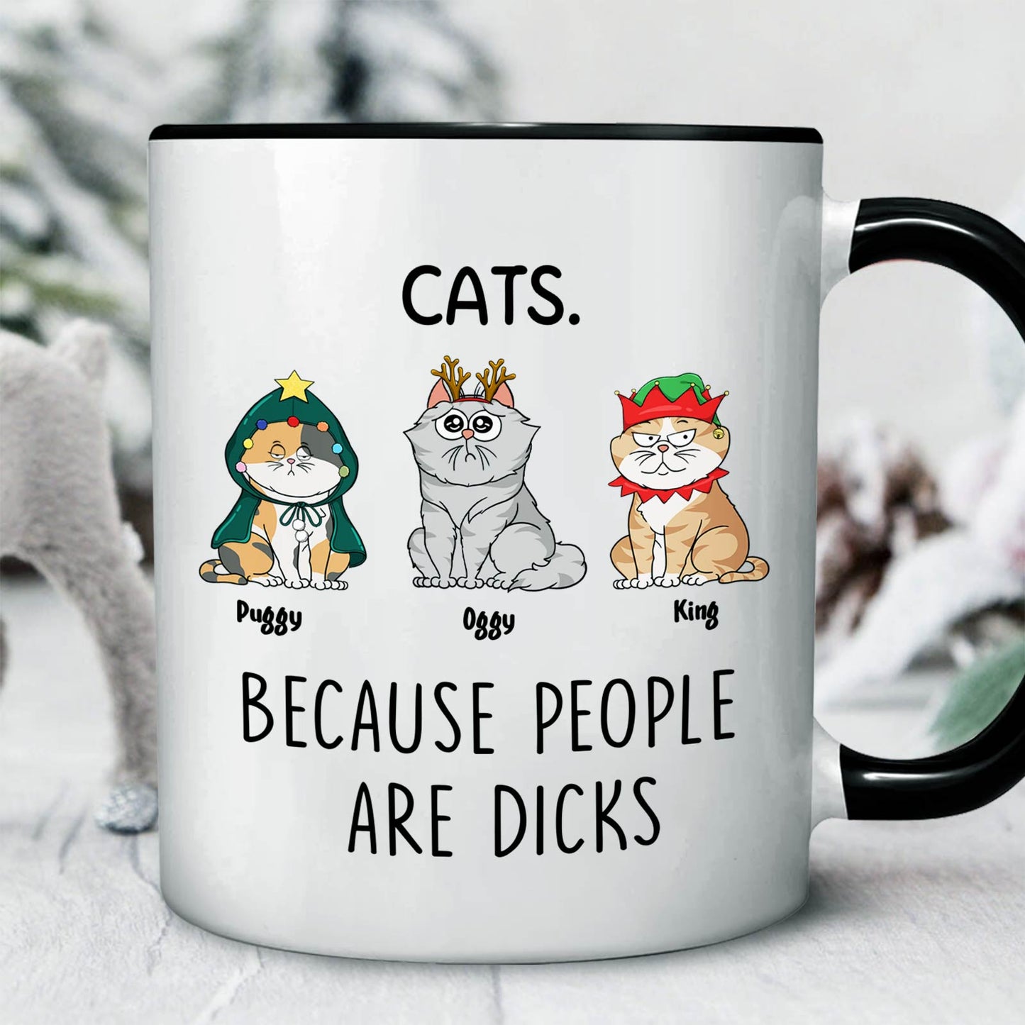 funny cat lover gift mug showing three cartoon cats in holiday costumes with slogan Because people are dicks