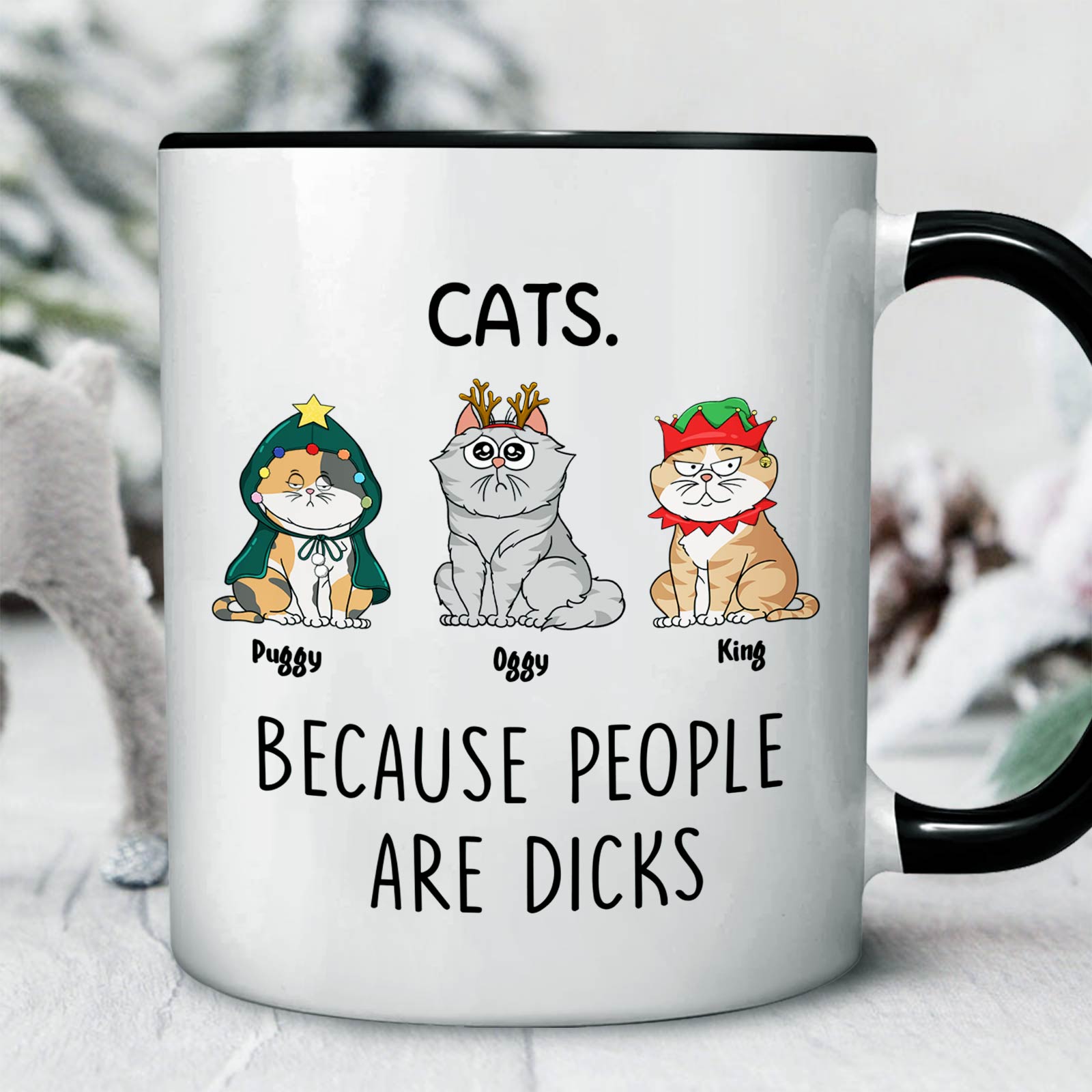 funny cat lover gift mug showing three cartoon cats in holiday costumes with slogan Because people are dicks