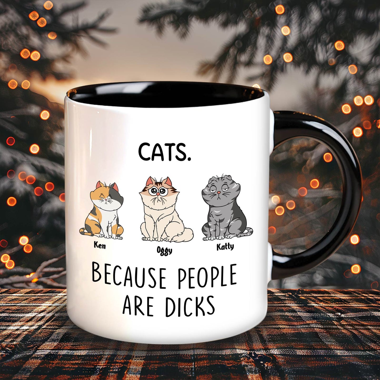 funny cat lover gift mug white with black handle showing three cartoon cats and caption Because people are dicks