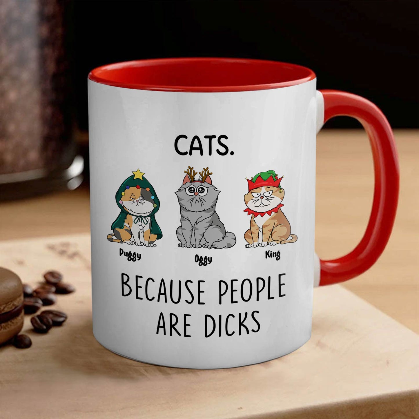365Gifty funny cat lover gift mug white ceramic with red handle showing three cartoon cats in holiday costumes and rude slogan