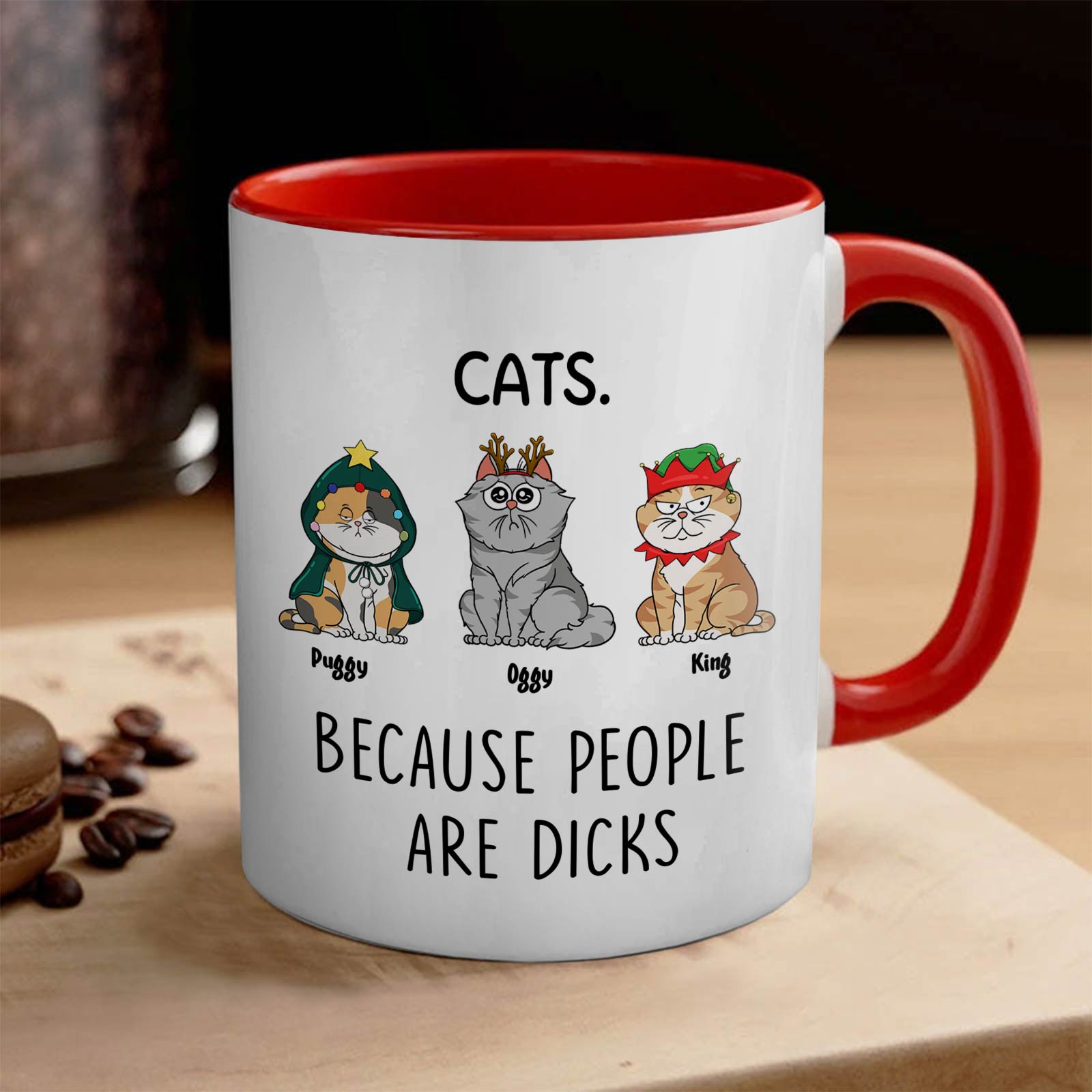 365Gifty funny cat lover gift mug white ceramic with red handle showing three cartoon cats in holiday costumes and rude slogan