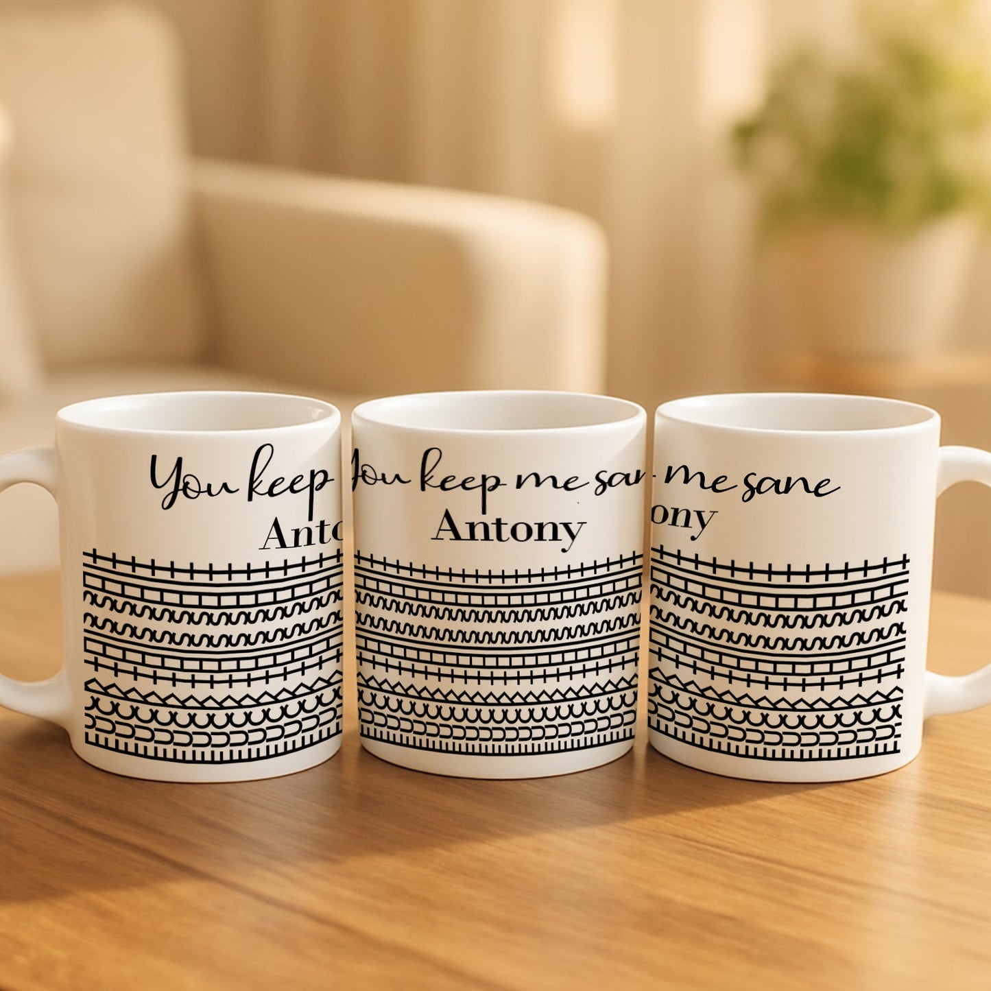 365Gifty personalized 'You Keep Me Sane' mug set of three white ceramic mugs with black geometric pattern and Antony name