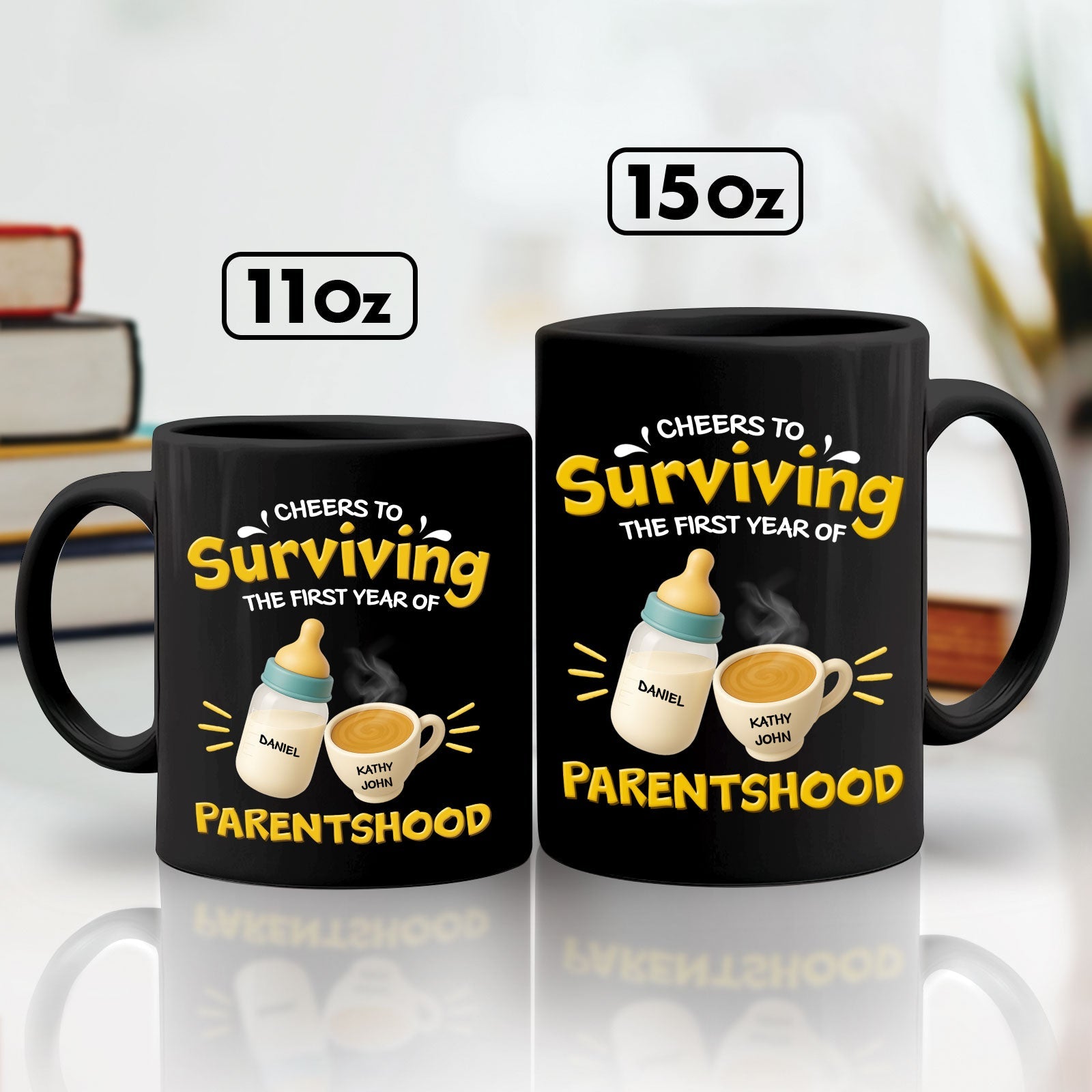 365Gifty personalized first year of parenthood mug set black 11oz and 15oz with baby bottle and coffee design