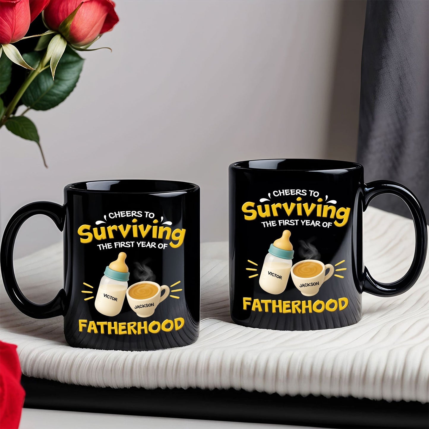 365Gifty black personalized first year of parenthood mug pair with baby bottle and coffee cup design