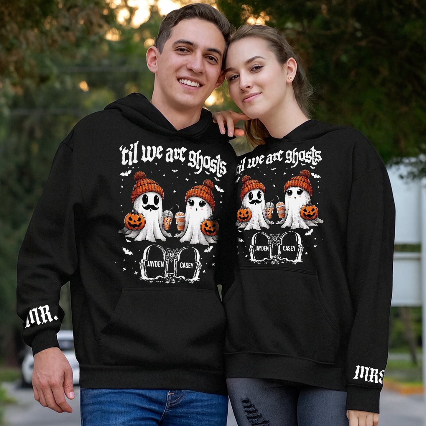 365Gifty personalized Halloween couple shirt black hoodies with matching ghost and pumpkin design