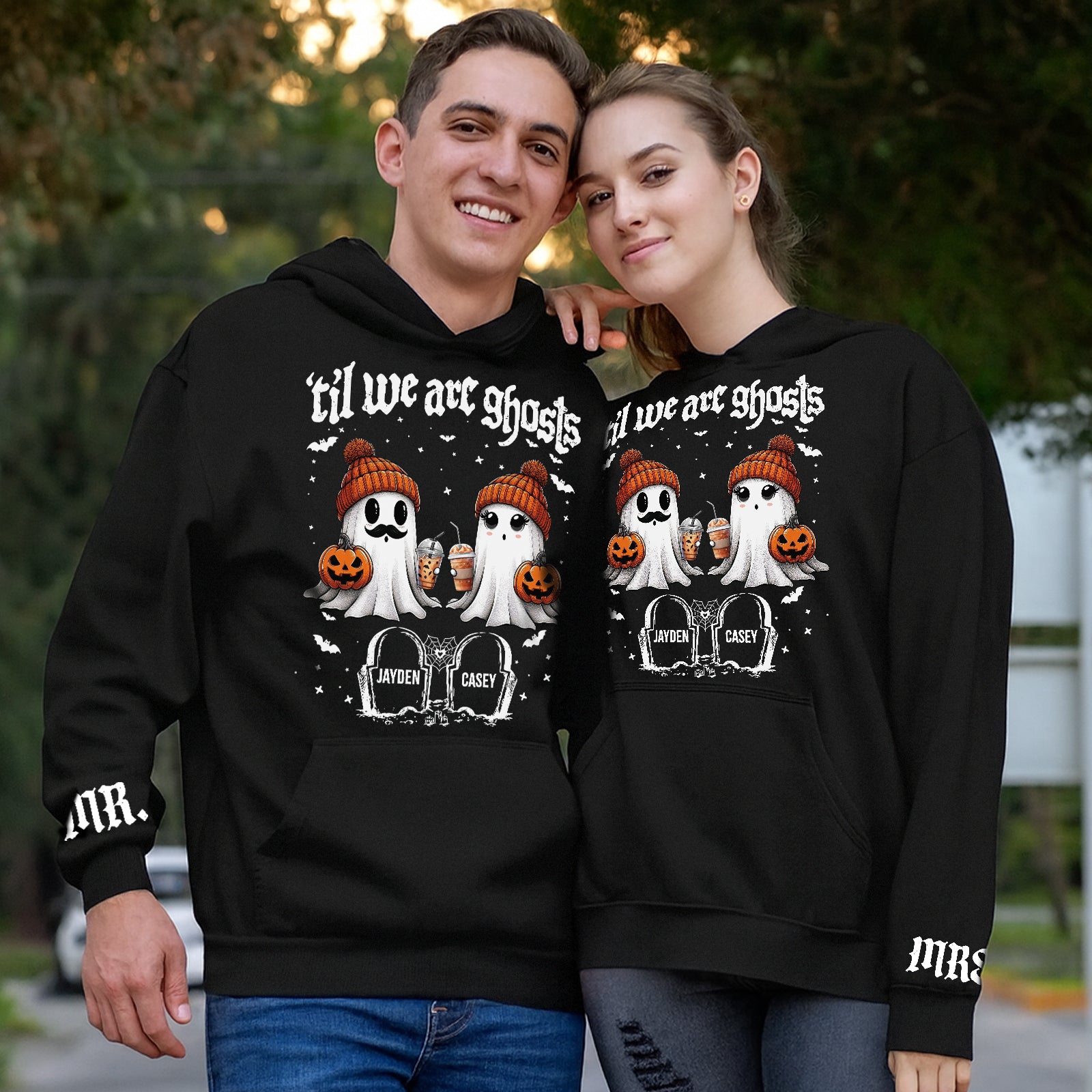 365Gifty personalized Halloween couple shirt black hoodies with matching ghost and pumpkin design