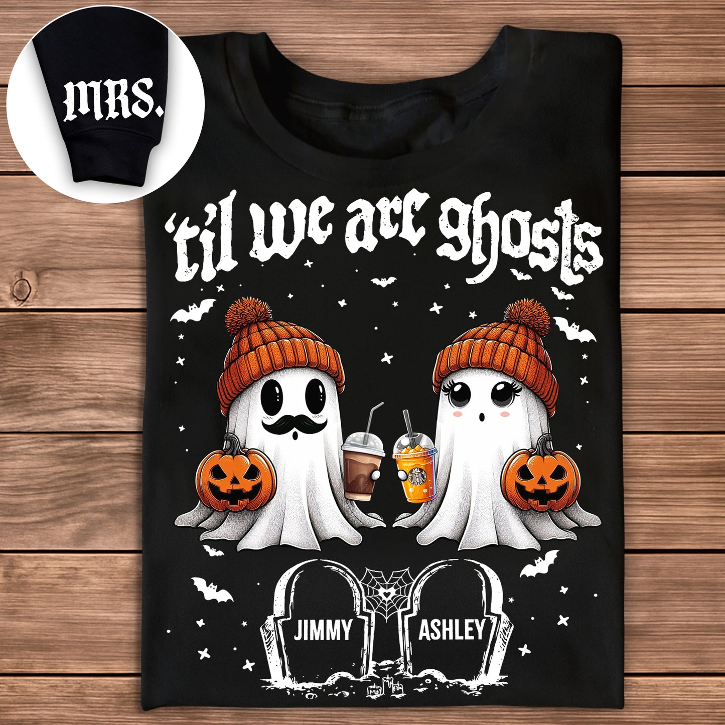 Black personalized Halloween couple shirt with two cute ghosts in orange beanies holding pumpkins and coffee cups