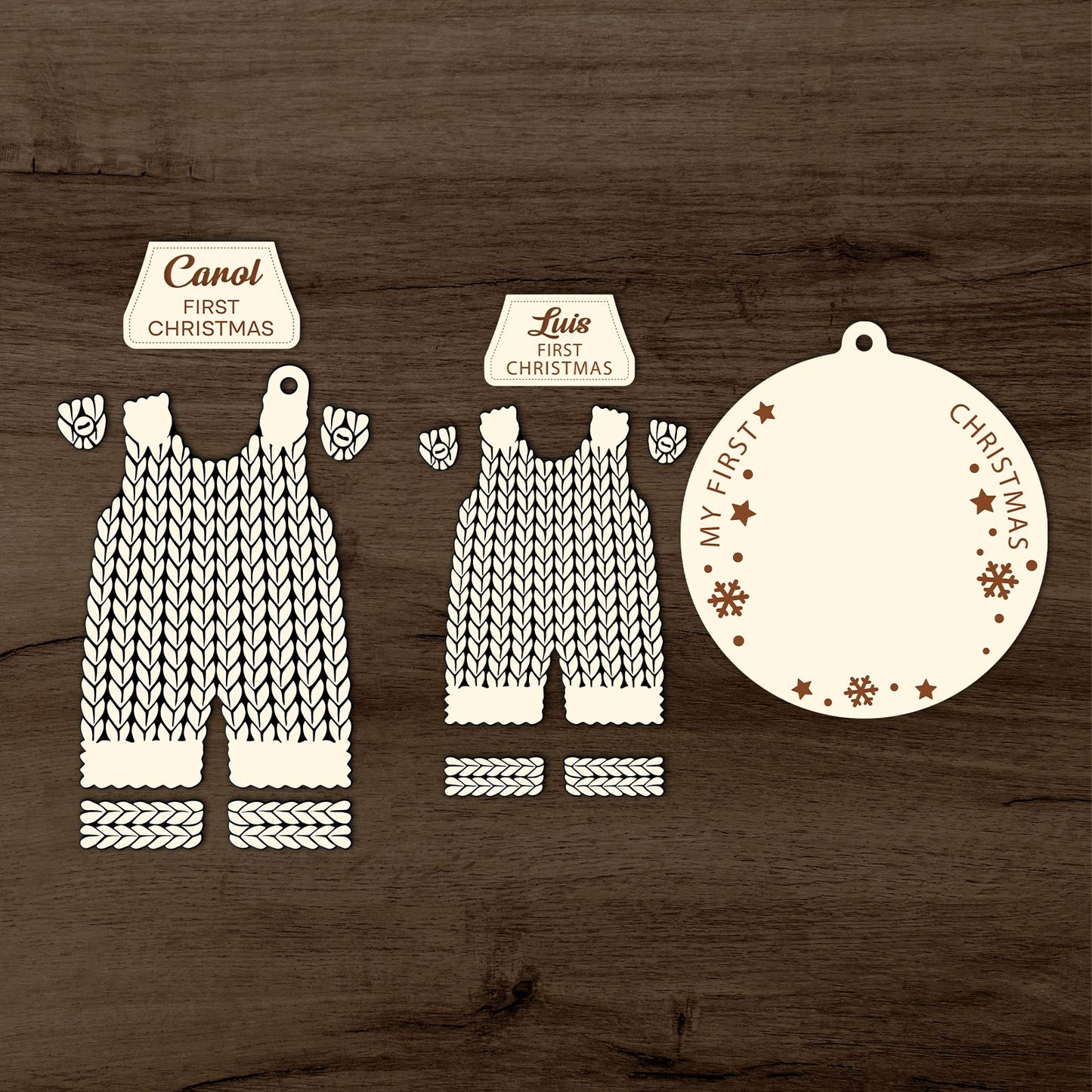 Custom 2-layered Christmas ornament for baby with knitted overalls and personalized first Christmas tags
