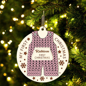 Custom 2-layered Christmas ornament for baby with pink knitted overalls and personalized name Kathleen