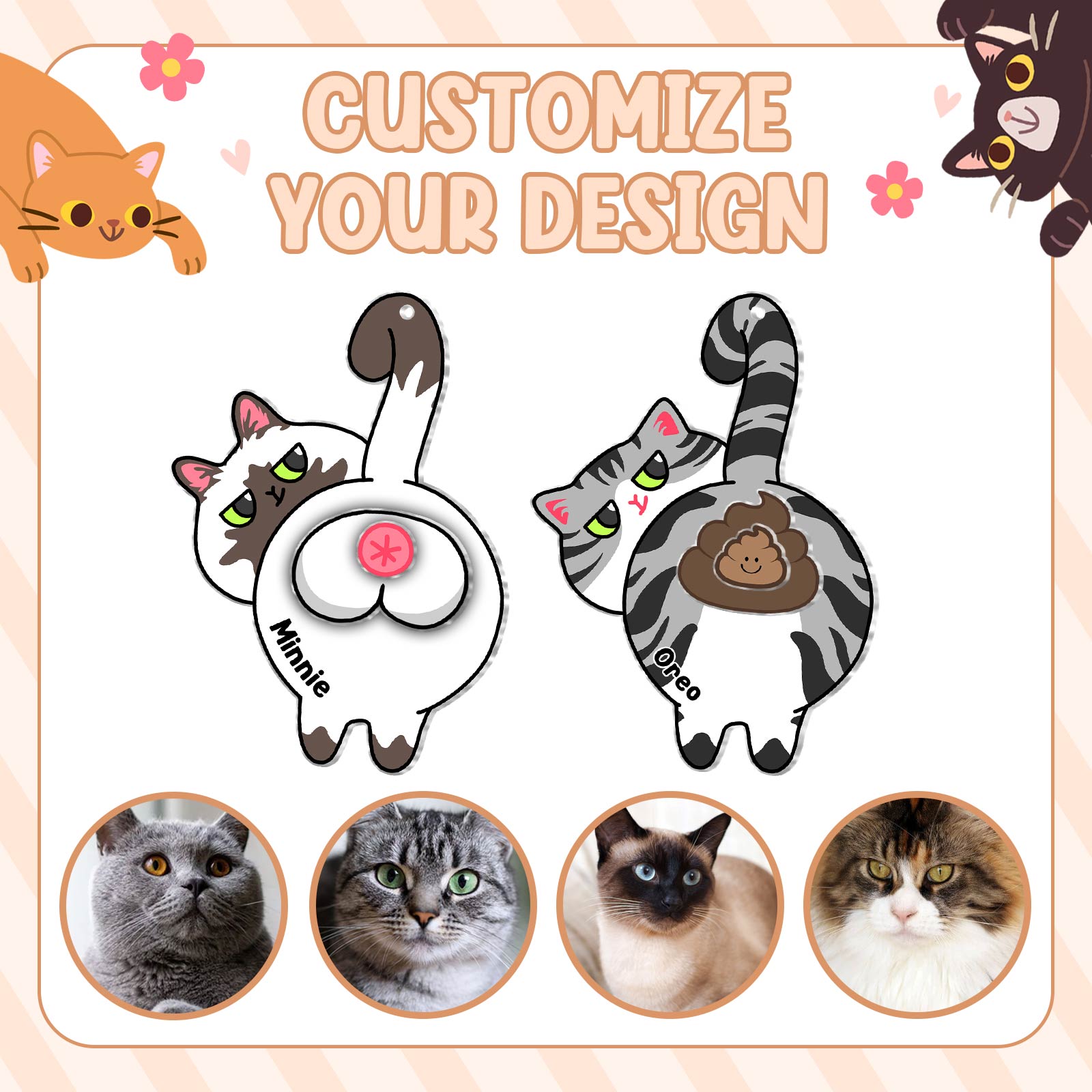 Custom acrylic cat keychain featuring customizable designs and adorable cat tails