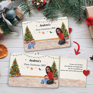 Custom acrylic Christmas slider card featuring a festive design and personalized name for first Christmas celebration