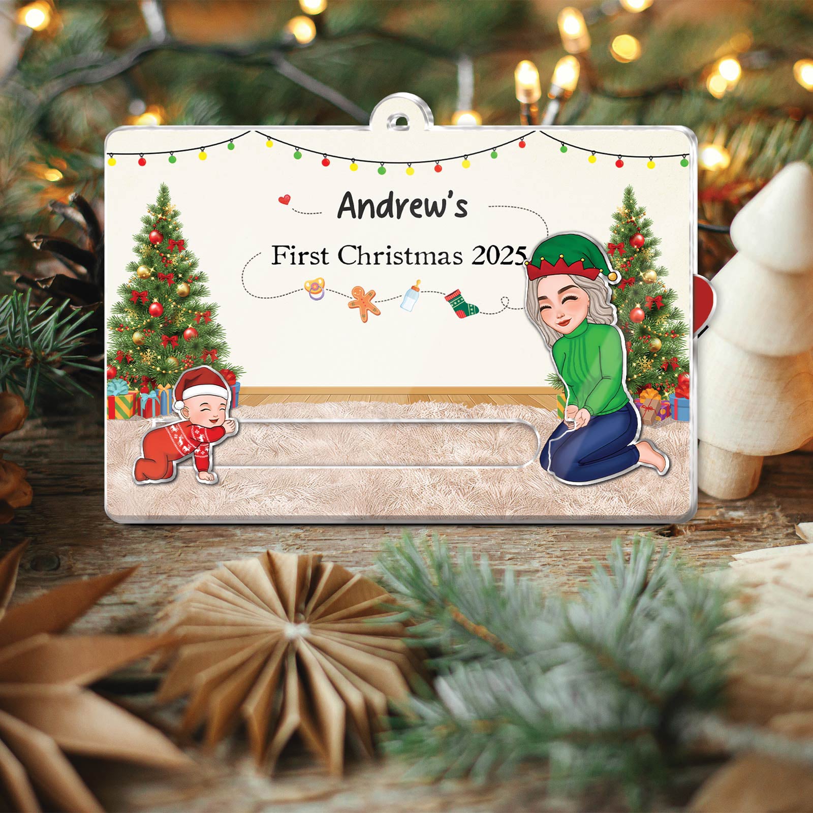 Custom acrylic Christmas slider card featuring festive illustrations for personalized holiday celebrations