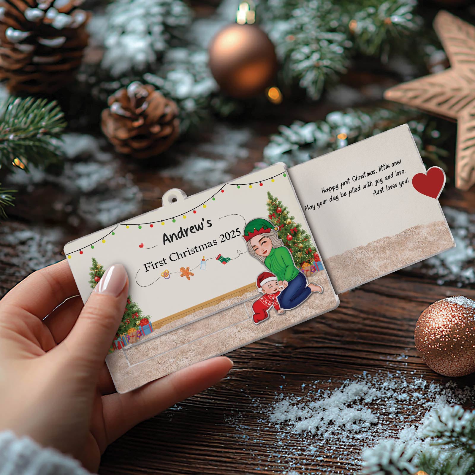 Custom acrylic Christmas slider card featuring a festive design for personalized holiday gifting
