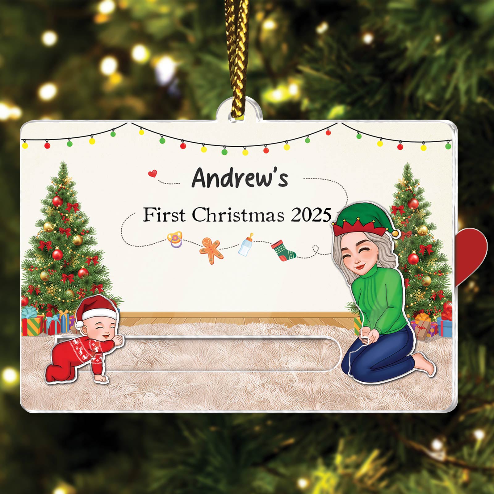 Custom acrylic Christmas slider card featuring a child and parent celebrating their first Christmas in 2025