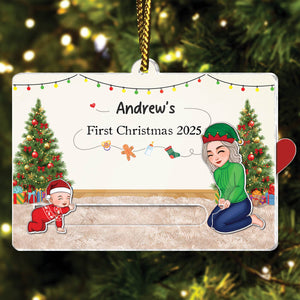 Custom acrylic Christmas slider card featuring a child and parent celebrating their first Christmas in 2025