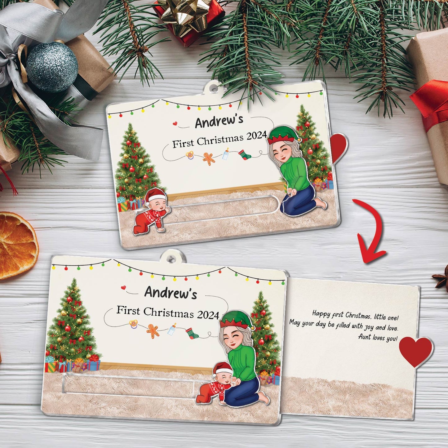 365Gifty custom acrylic Christmas slider card personalized with Andrew's First Christmas 2024 design and holiday characters