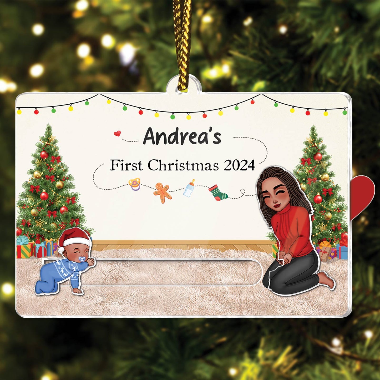 Personalized custom acrylic Christmas slider card with baby and mother design for first Christmas 2024