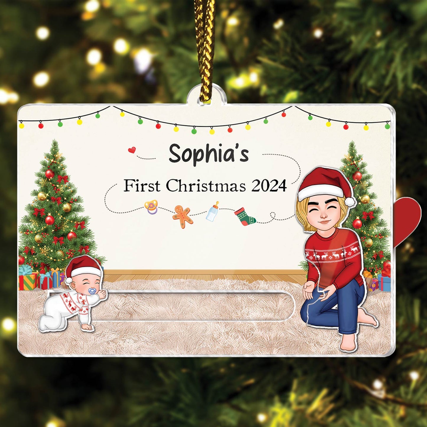 365Gifty custom acrylic Christmas slider card with personalized baby and mom illustration for first Christmas 2024