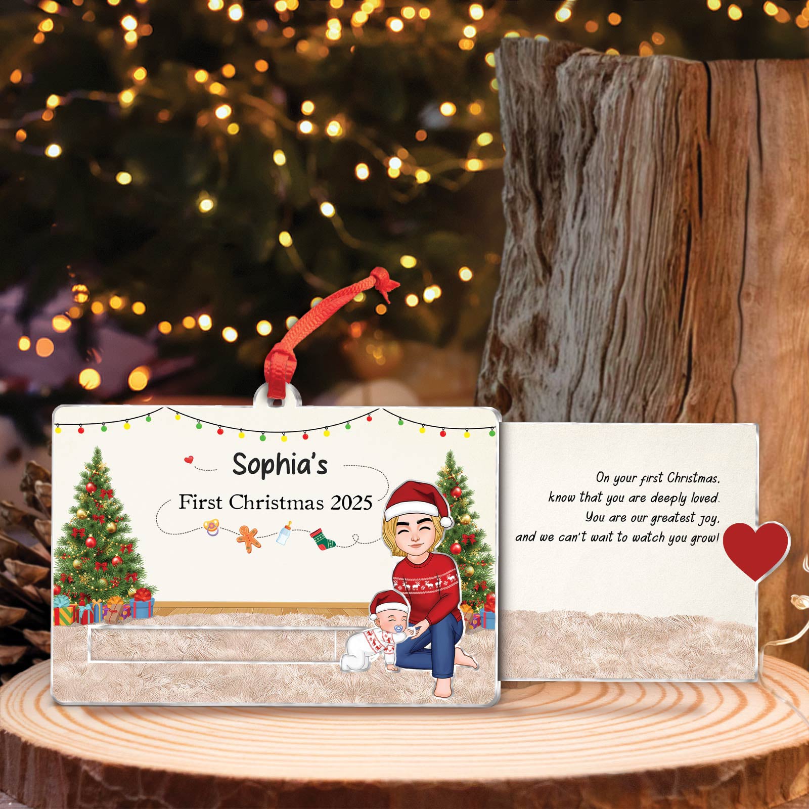 Custom acrylic Christmas slider card featuring a festive design for celebrating a child's first Christmas