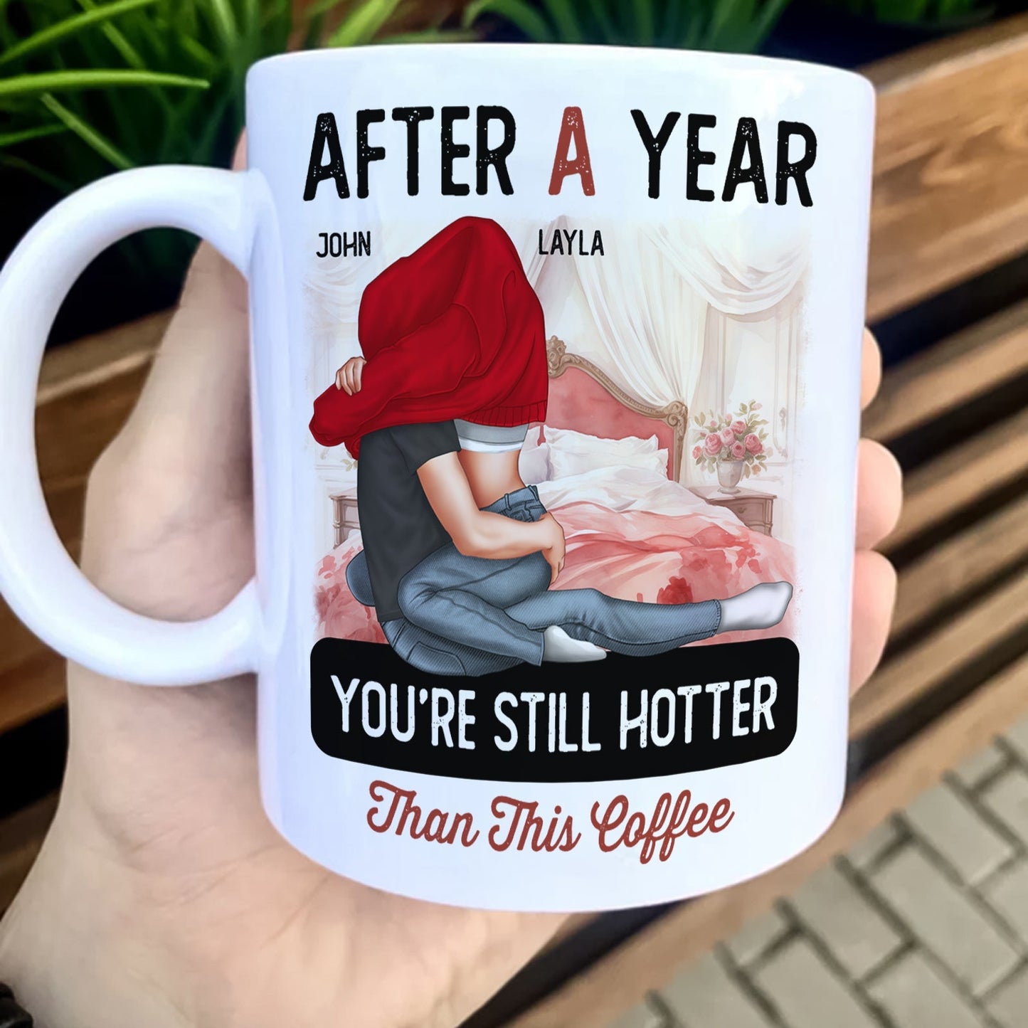 365Gifty after a year still hotter than coffee mug with romantic couple illustration