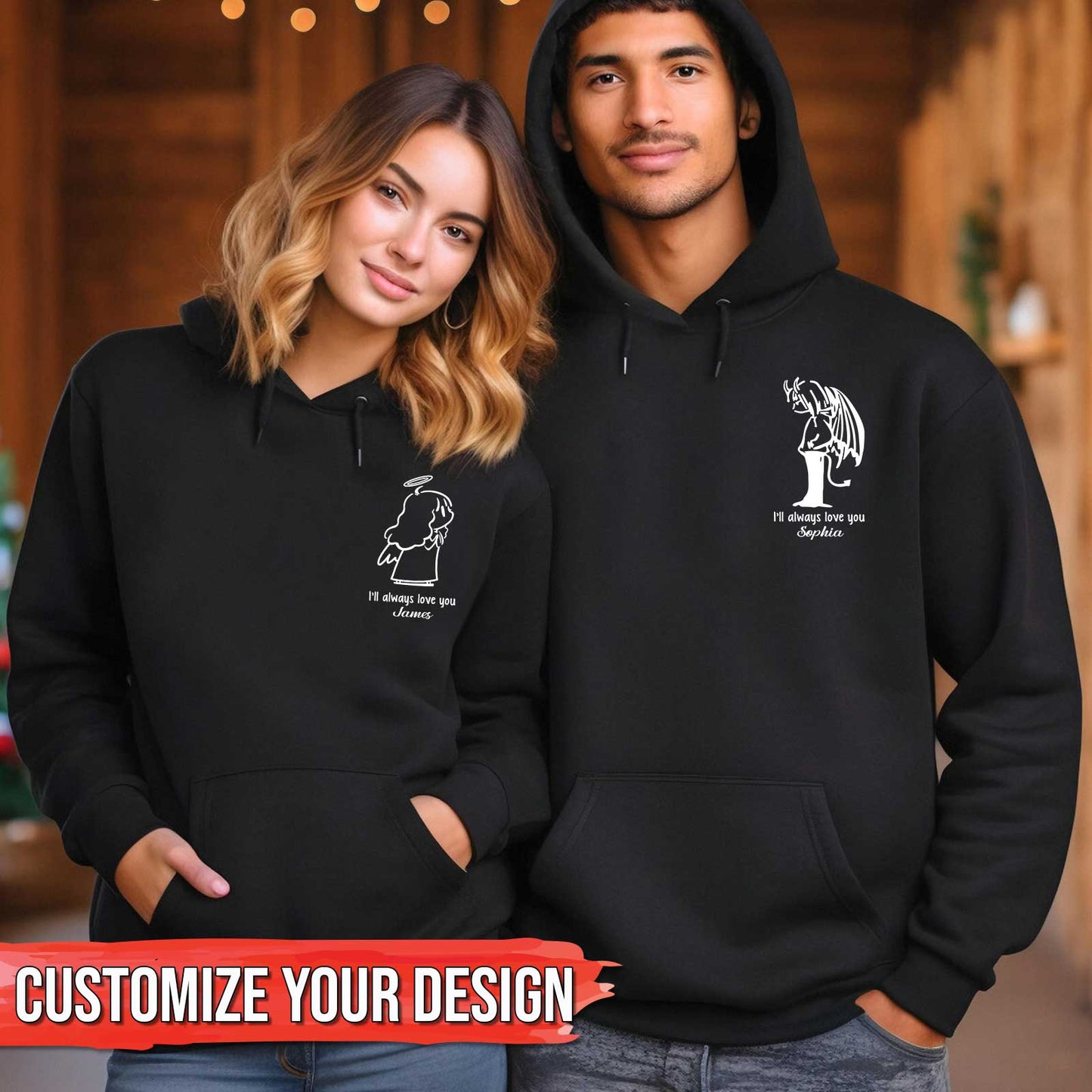 Custom angel t-shirt for couples black hoodies with angel and demon designs and personalized text