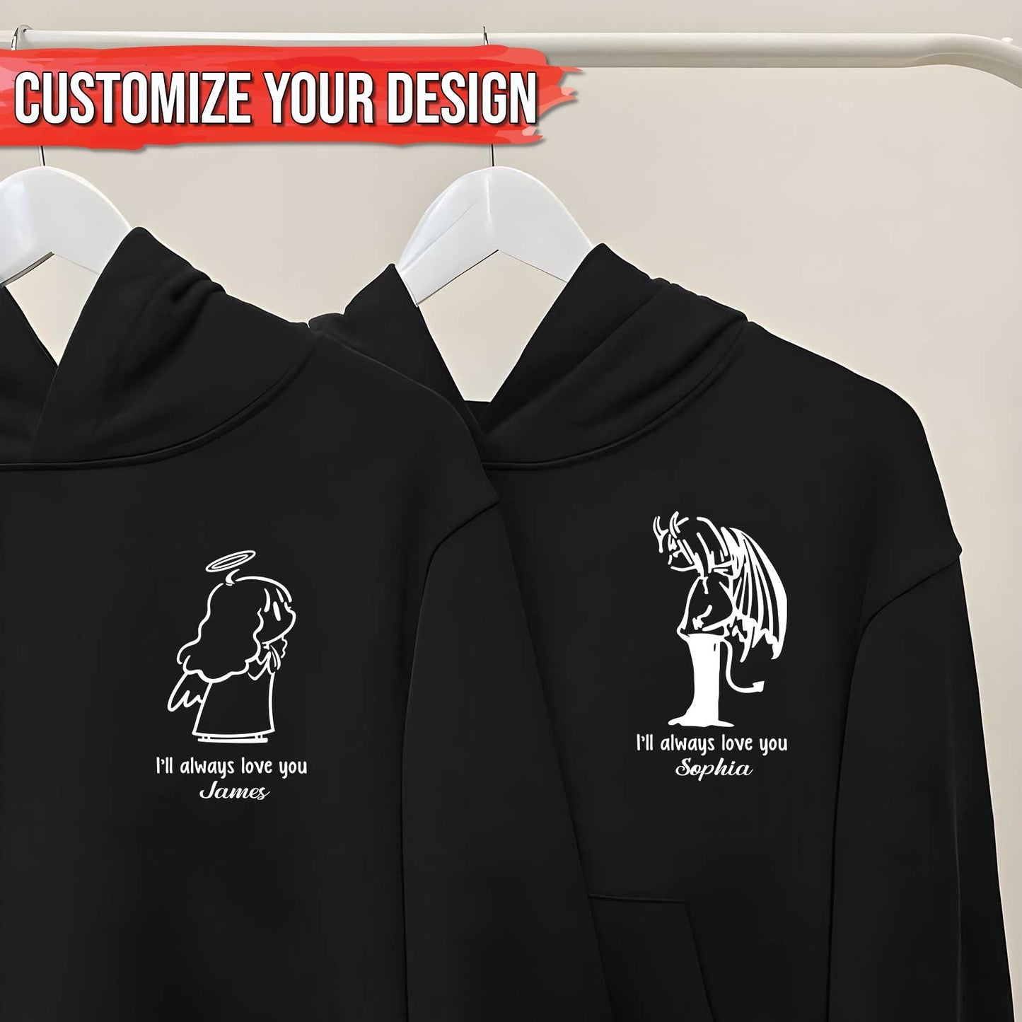 Black custom angel t-shirt for couples with personalized love message and angel designs on front