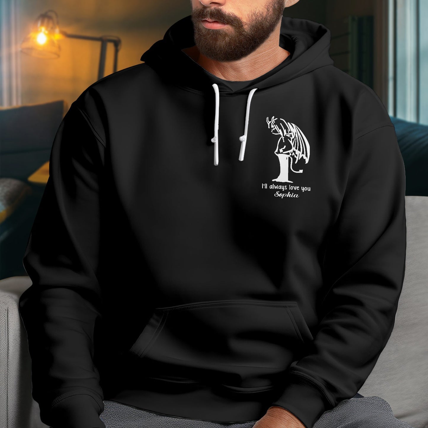 Black hoodie featuring a custom angel t-shirt for couples design with a white angel graphic and personalized text
