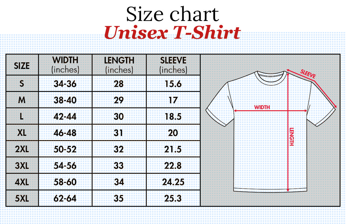 Size chart for unisex custom angel t-shirt for couples showing width length and sleeve measurements