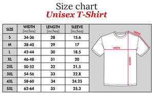 Size chart for unisex custom angel t-shirt for couples showing width length and sleeve measurements