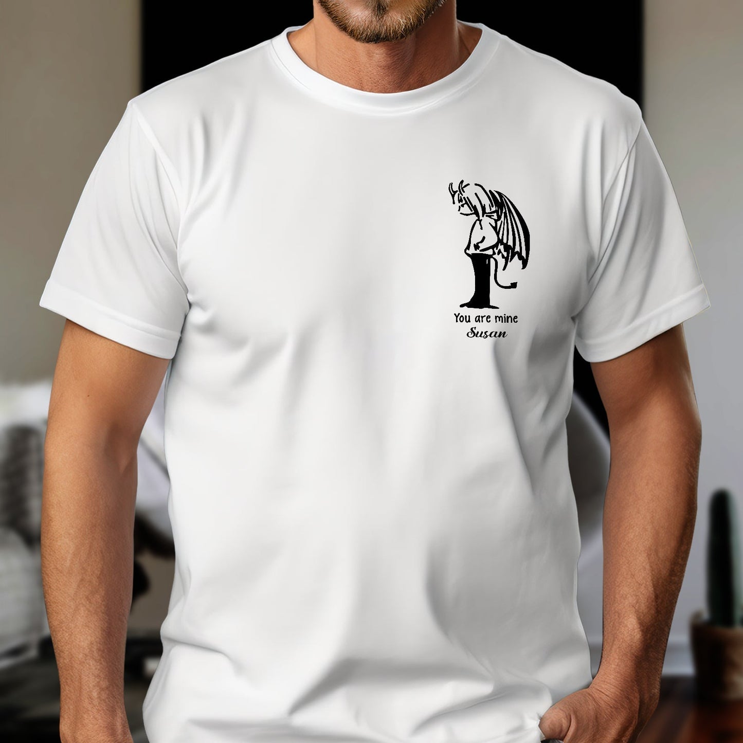 White custom angel t-shirt for couples with black angel graphic and personalized text you are mine
