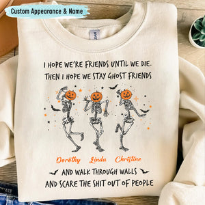 Custom best friend Halloween sweatshirt featuring playful skeletons and funny text for spooky celebrations