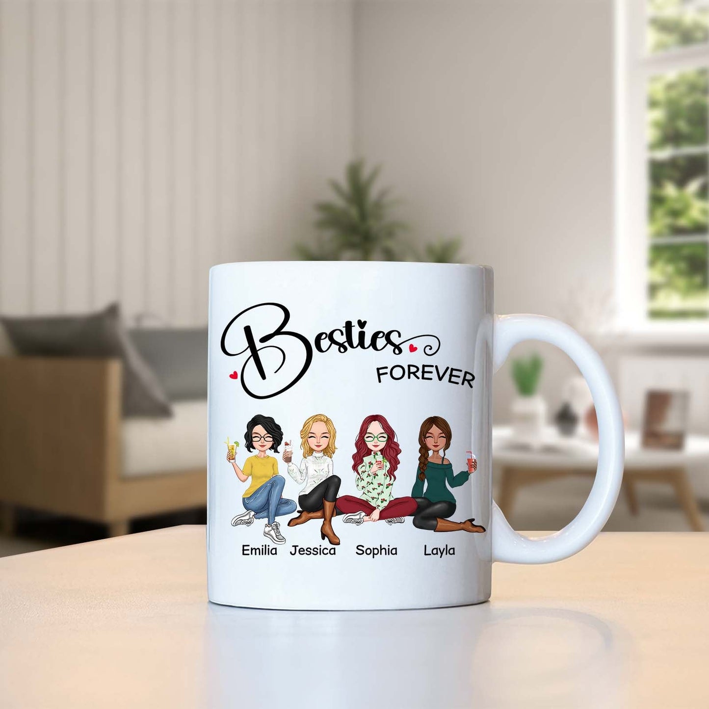 365Gifty custom bestie forever coffee cup with illustrated friends and personalized names Emilia Jessica Sophia Layla
