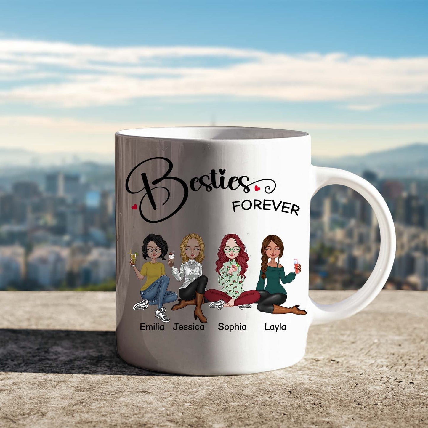 365Gifty custom bestie forever coffee cup featuring illustrated friends Emilia Jessica Sophia and Layla