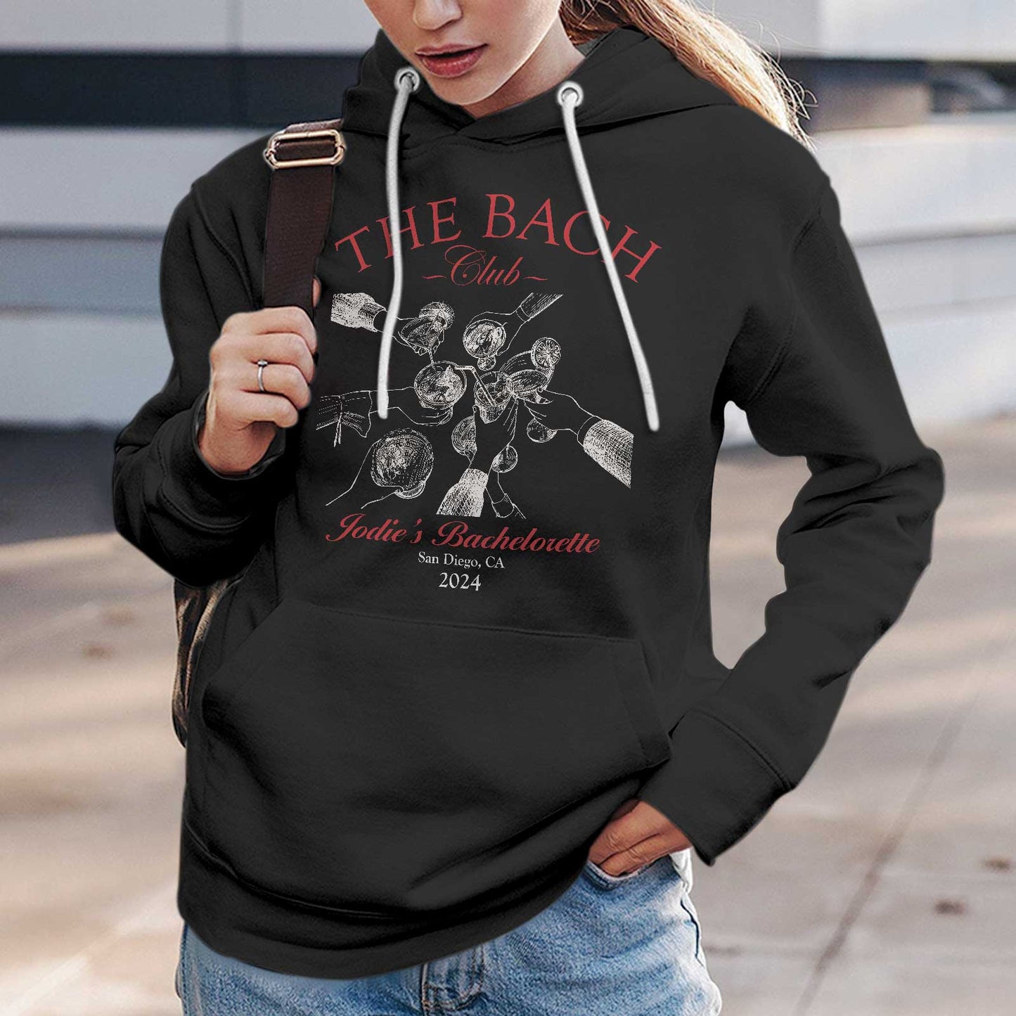 Black custom besties bach club shirt hoodie with rose gold lettering and wine glass design
