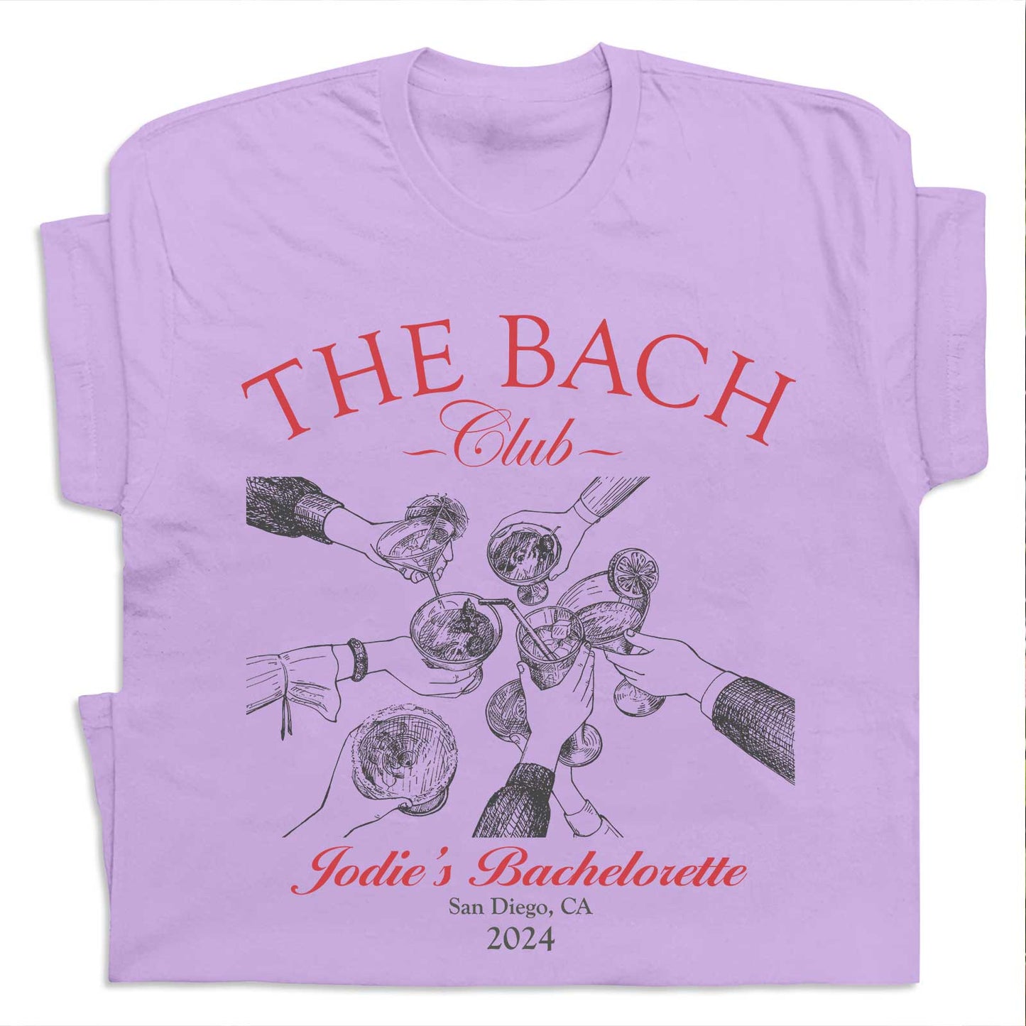 Lavender custom besties bach club shirt with graphic of hands toasting drinks and personalized bachelorette text