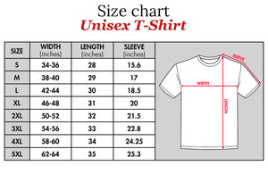 Size chart for unisex t-shirt showing width length and sleeve measurements for multiple sizes