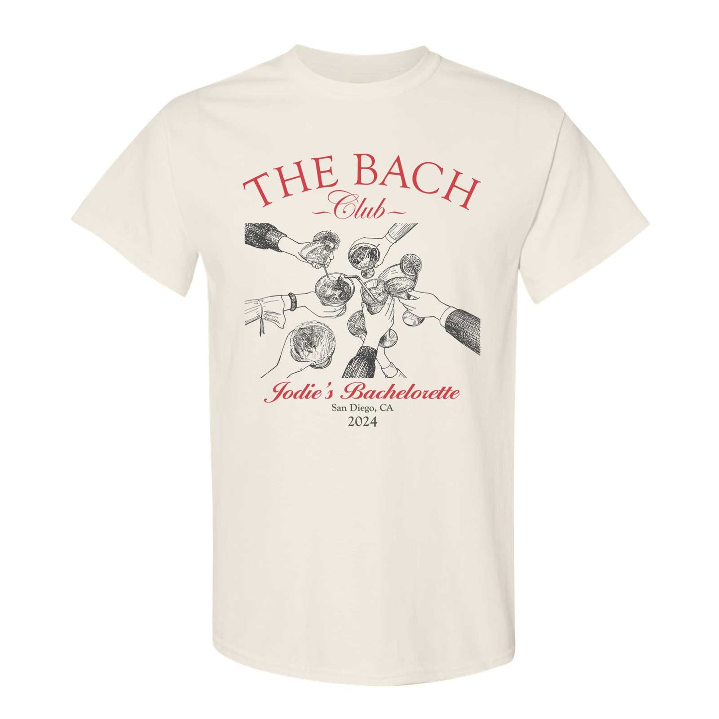 Custom besties bach club shirt in cream with vintage toast graphic and personalized bachelorette text