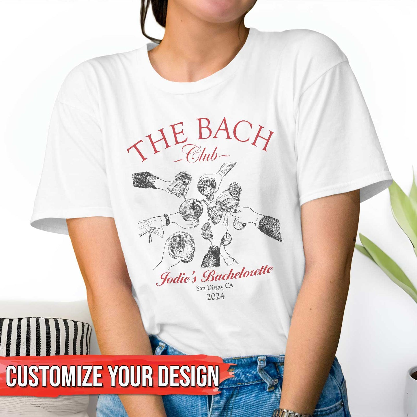 White custom besties bach club shirt with bachelorette toast design and customizable text