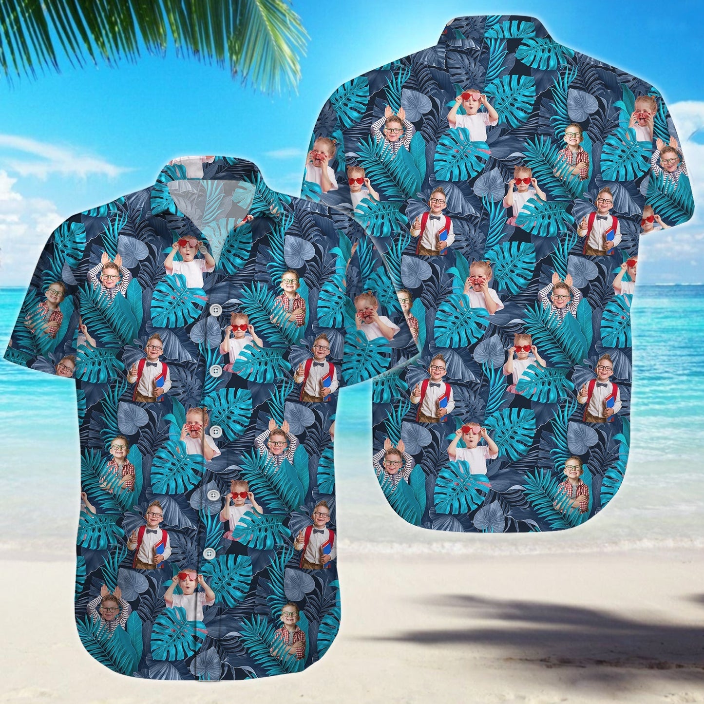 365Gifty custom blue tropical linen shirt with green leaves and playful photo print on beach background
