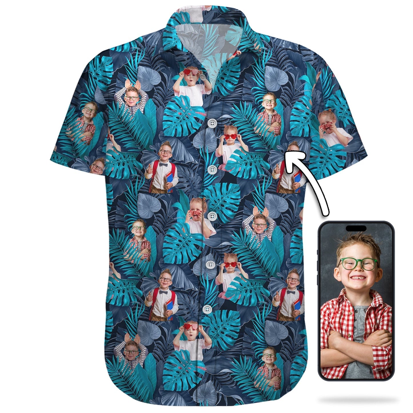 Custom blue tropical linen shirt featuring personalized photos of a smiling boy with tropical leaf pattern