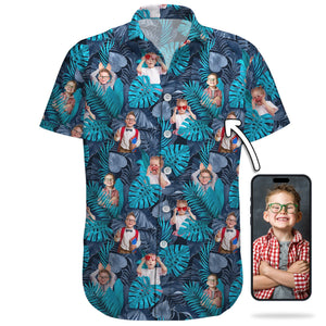 Custom blue tropical linen shirt featuring personalized photos of a smiling boy with tropical leaf pattern